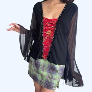 Black Sheer Bell Sleeve Top with Red Lace-Up Detail